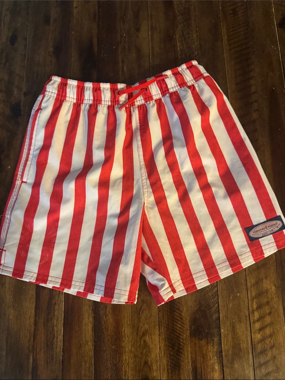 Vineyard Vines Red and White Striped Kids Swim Trunks